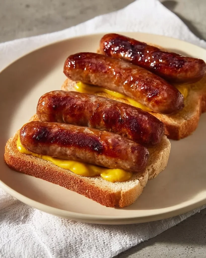 Close-up of a sausage sandwich with mustard on a rustic wooden table