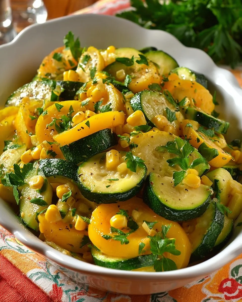 Sautéed summer squash and corn in a skillet garnished with herbs