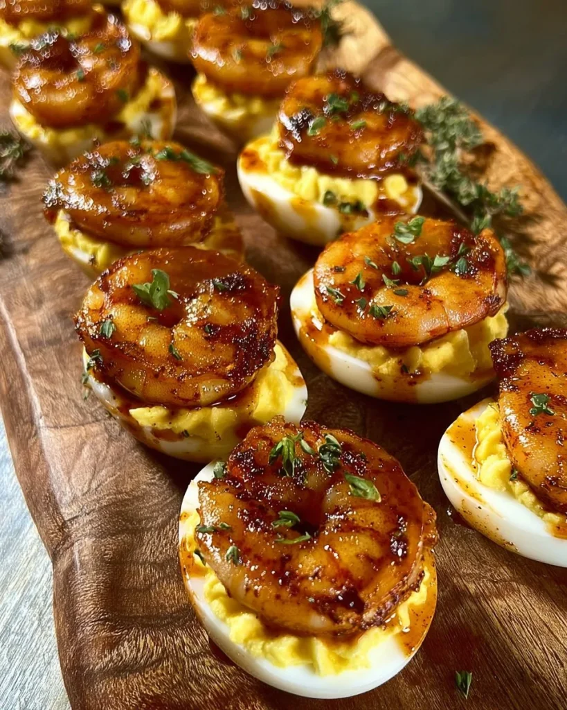 Delicious seafood boil butter shrimp deviled eggs served as appetizers