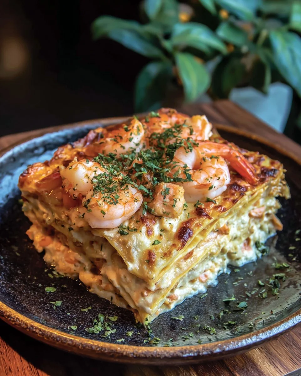 Delicious seafood lasagna topped with shrimp and crab for a gourmet meal.