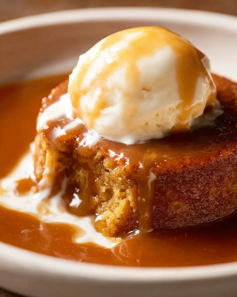 Delicious self saucing butterscotch pudding in a bowl, topped with whipped cream