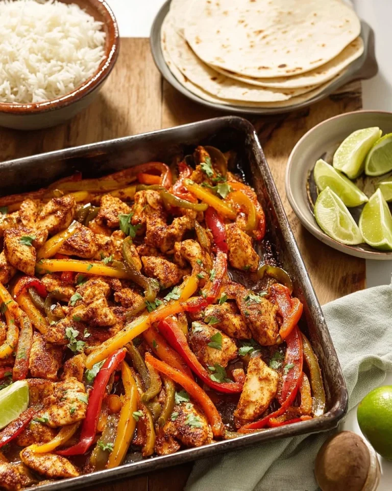 Sheet pan chicken fajitas with colorful peppers and spices on a baking tray.