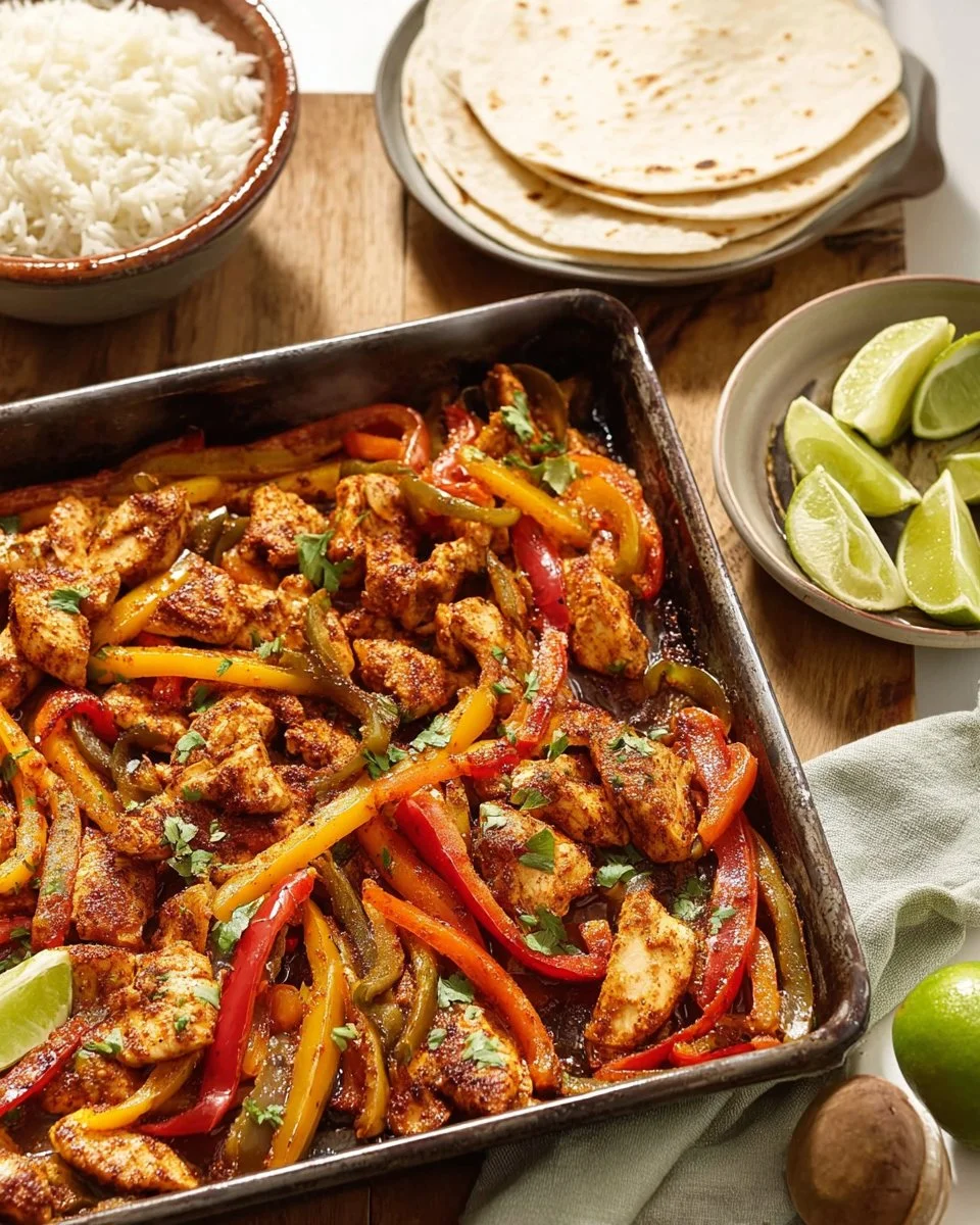 Sheet pan chicken fajitas with colorful peppers and spices on a baking tray.