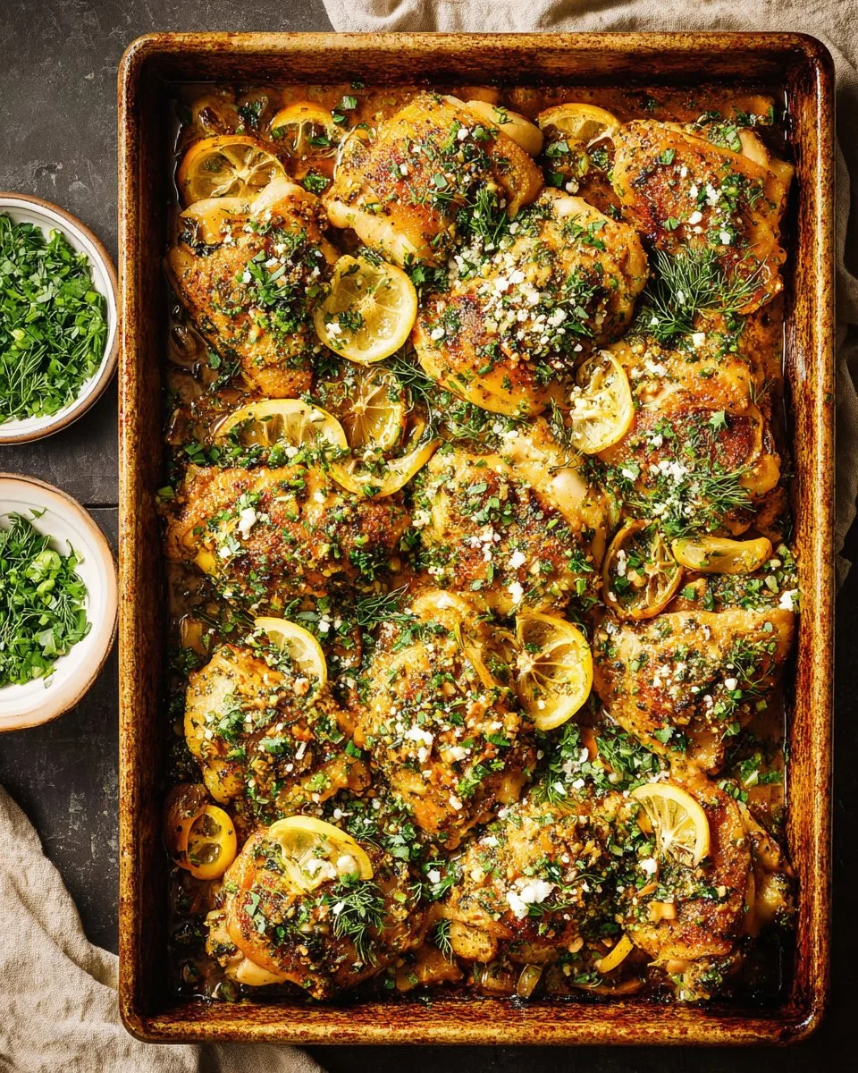 Sheet Pan Herby Lemon Garlic Chicken served with roasted potatoes