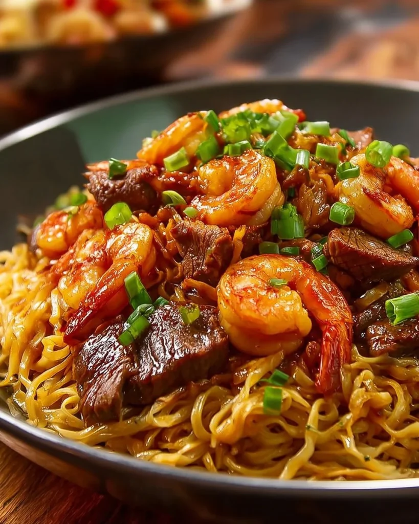 Shrimp and Steak Teriyaki Noodles dish with vibrant colors and fresh ingredients