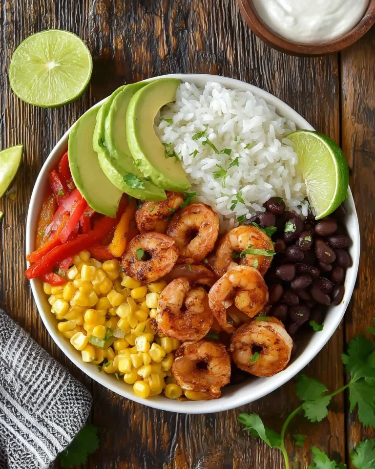 Delicious shrimp fajita bowl with colorful vegetables and spices