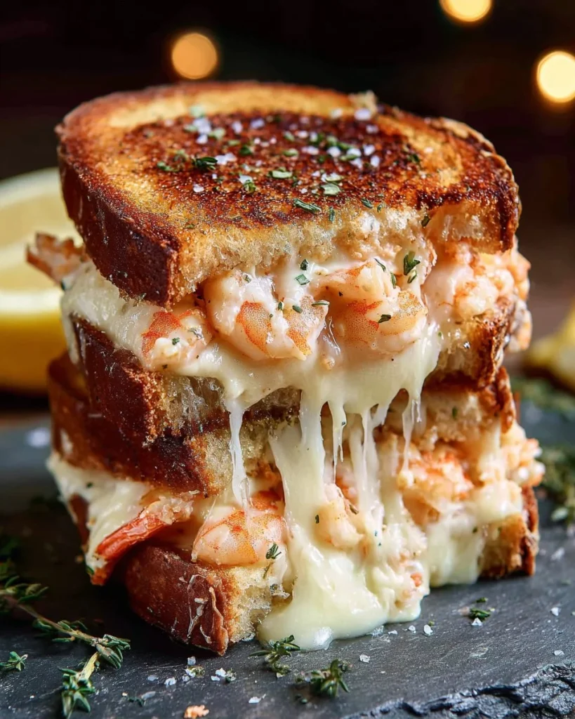 Gourmet shrimp grilled cheese sandwich with melted cheese and fresh shrimp