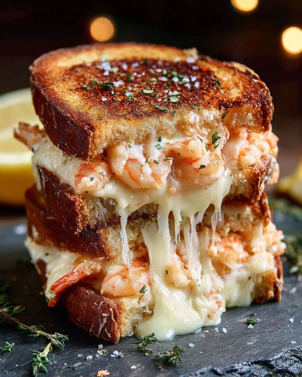 Gourmet shrimp grilled cheese sandwich with melted cheese and fresh shrimp