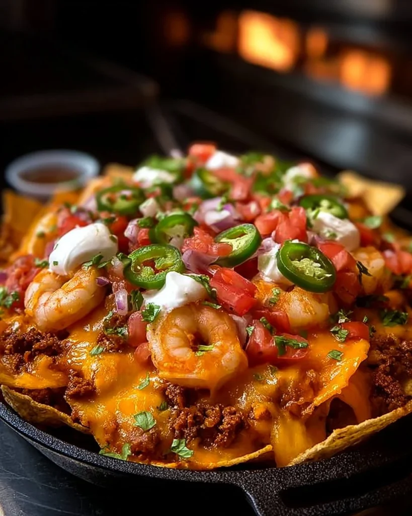 Shrimp nachos loaded with ground beef and toppings for a delicious snack
