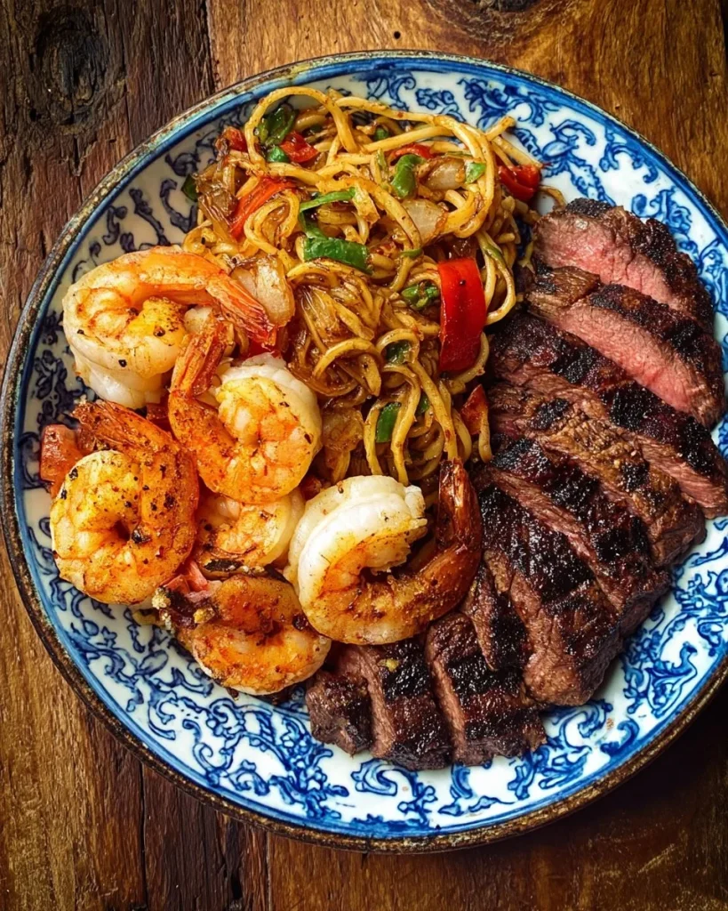 Plate of shrimp steak noodles garnished with vegetables and herbs