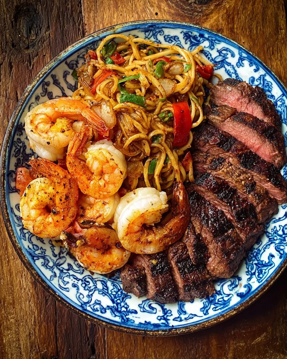 Plate of shrimp steak noodles garnished with vegetables and herbs