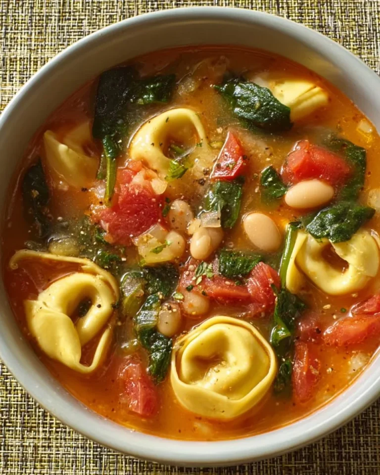 Bowl of Simple Tortellini Soup with fresh herbs and ingredients