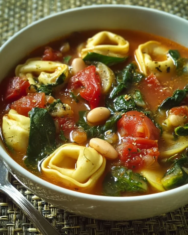 A warm bowl of Simple Tortellini Soup garnished with herbs and vegetables