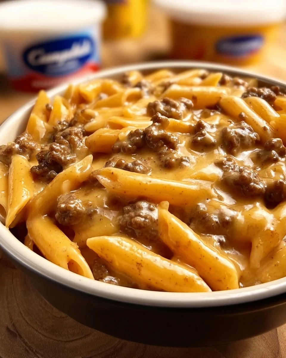Delicious Sloppy Cheeseburger Pasta dish topped with melted cheese and herbs