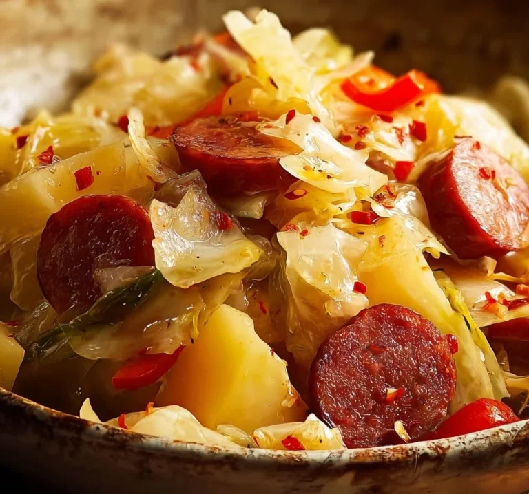 Slow cooker cabbage, potatoes, and smoked sausage dish in a crockpot