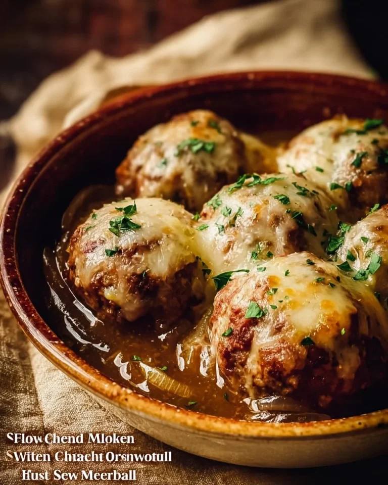 Delicious slow cooker French onion meatballs served in a savory broth