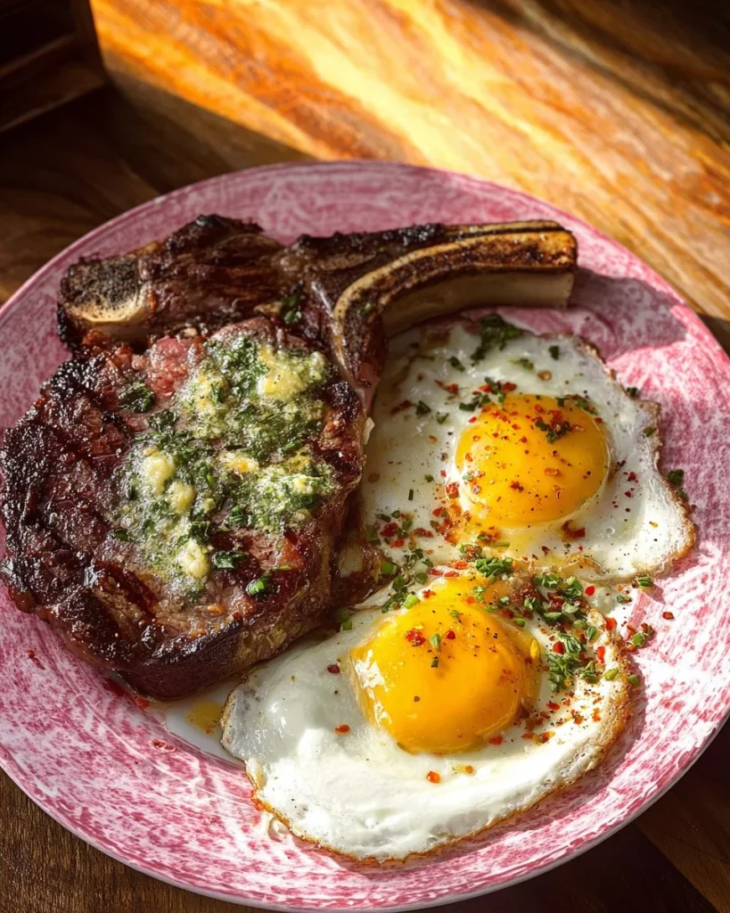 Smoked Chimichurri Cowboy Ribeye served with golden fried eggs
