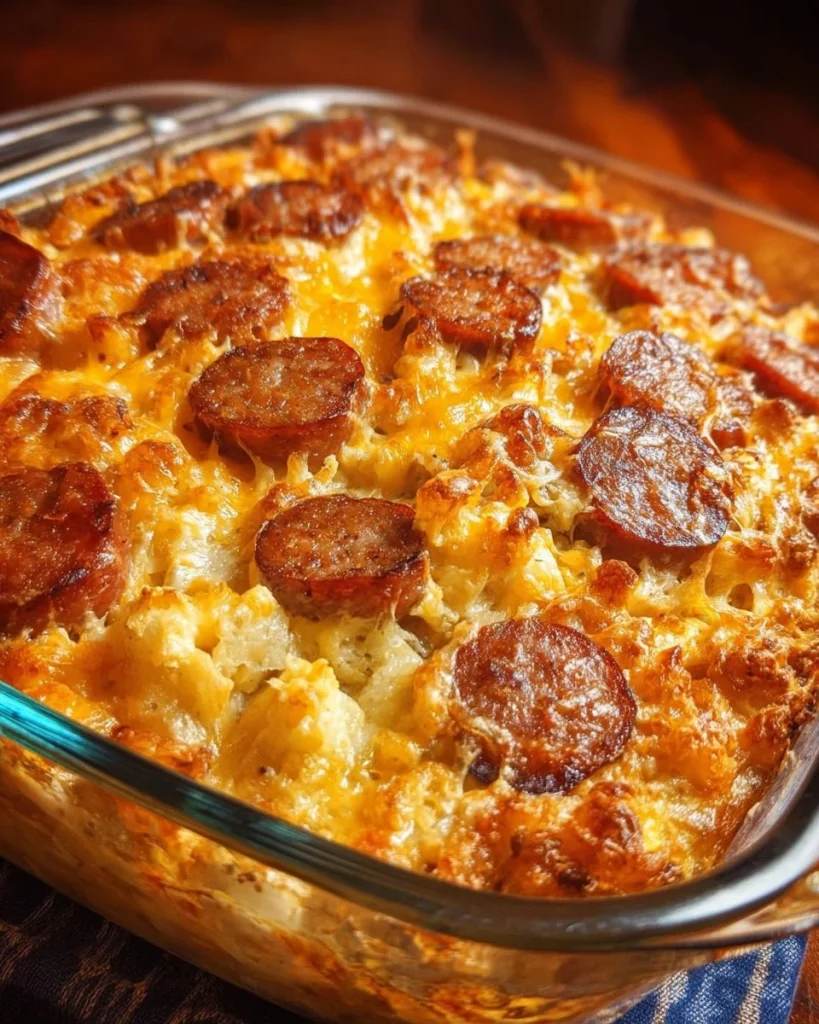 Delicious smoked sausage cheesy potato casserole baked in a dish