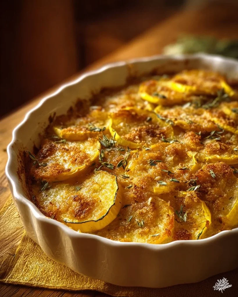 Delicious Southern squash casserole served in a baking dish with a golden crust