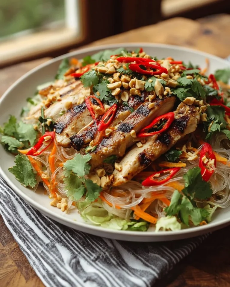 Spicy grilled chicken rice noodle salad with fresh vegetables and dressing