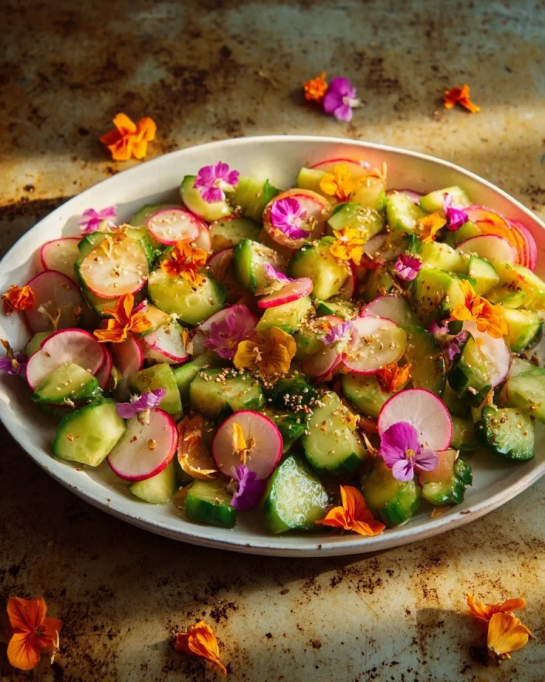 Spicy Radish and Cucumber Salad served in a bowl with fresh herbs