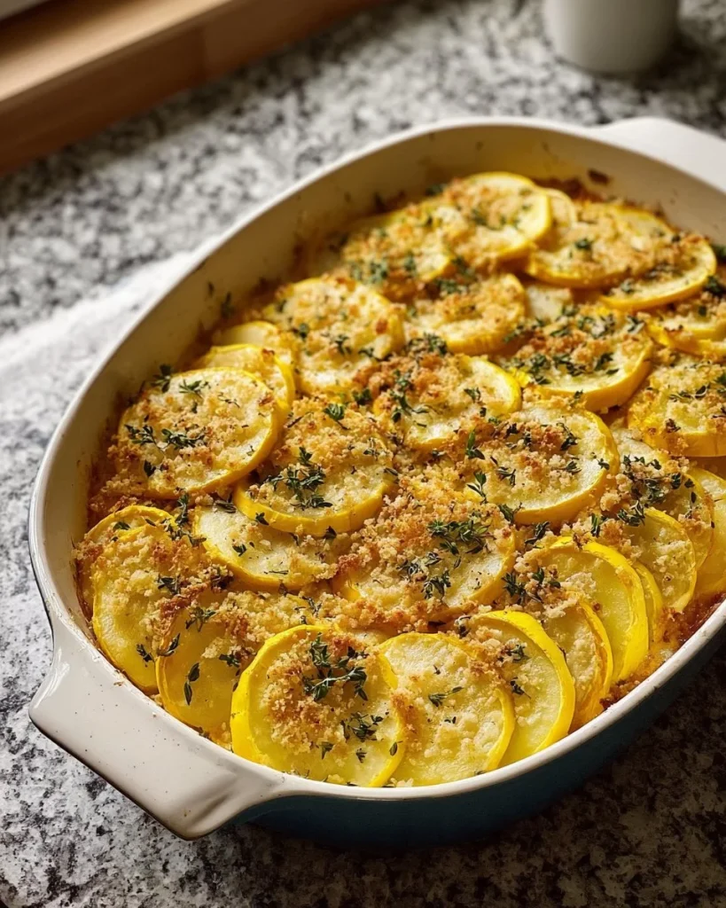 Delicious baked squash casserole topped with cheese and breadcrumbs