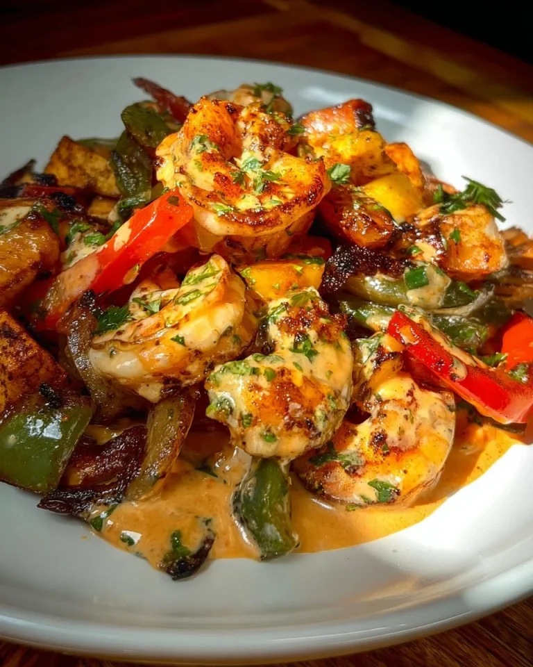 Delicious steak and shrimp loaded potato topped with cheese and herbs