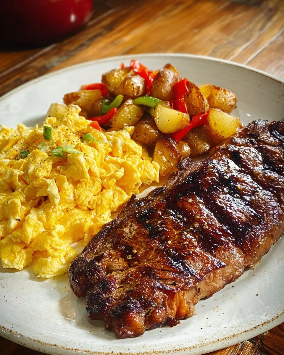 Delicious steak with cheesy eggs and fried potatoes on a plate
