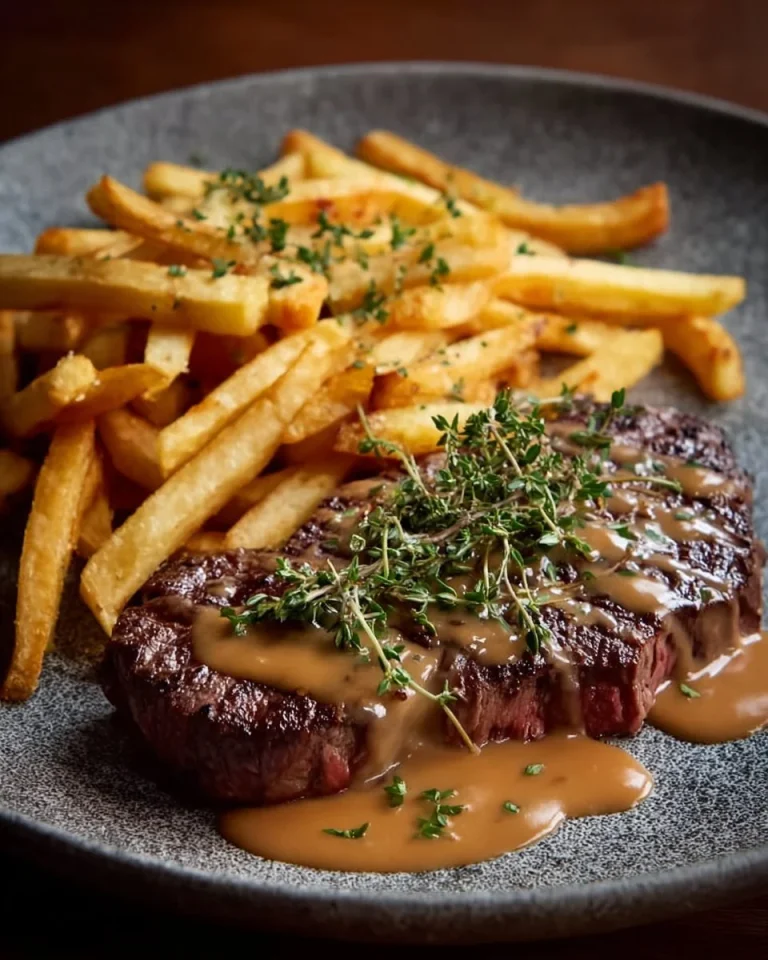 Juicy steak drizzled with creamy garlic sauce on a plate