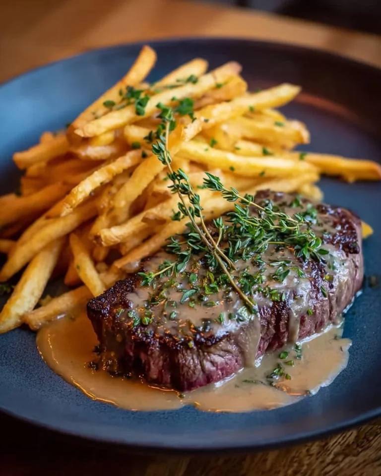 Delicious steak topped with garlic cream sauce on a plate