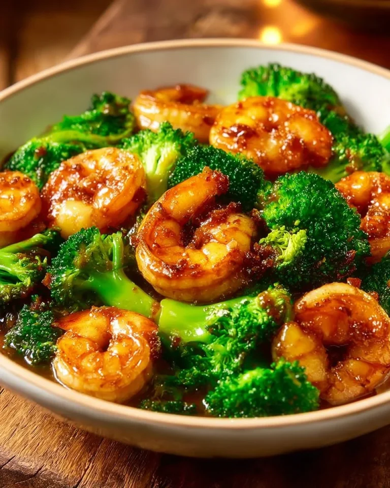 Stir-fried shrimp and broccoli dish on a plate