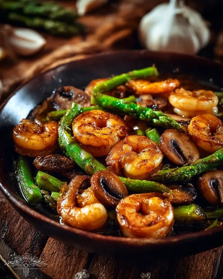 Plate of stir-fried shrimp, asparagus, and mushrooms in a savory sauce