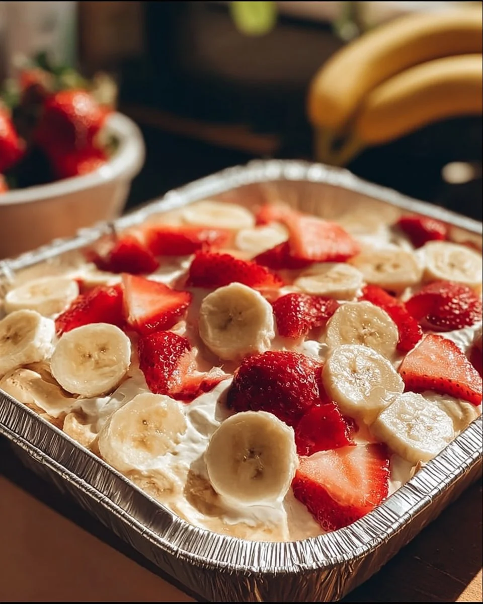 Delicious strawberry banana pudding served in a glass bowl with fresh fruits