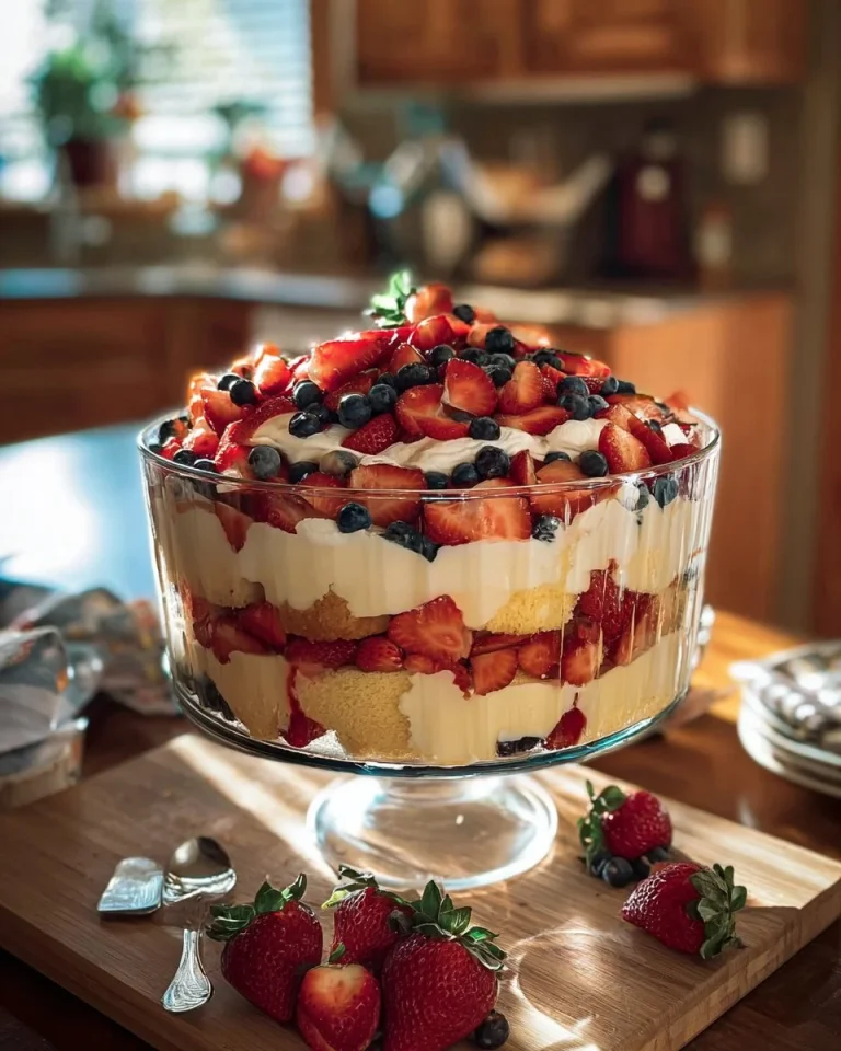 Layered strawberry cheesecake trifle with fresh strawberries and cream
