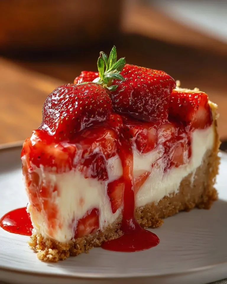 Deliciously layered Strawberry Crunch Cheese Cake topped with strawberry and crunchy crumble.