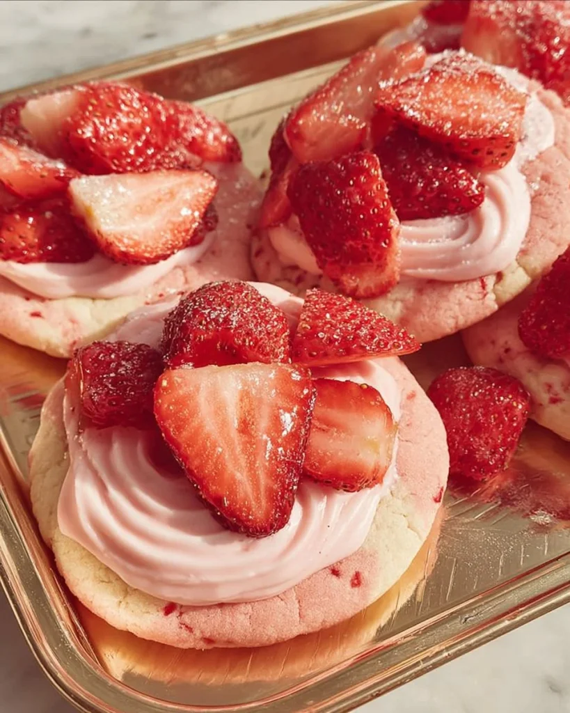 Plate of freshly baked strawberry crunch cookies with vibrant pink topping.