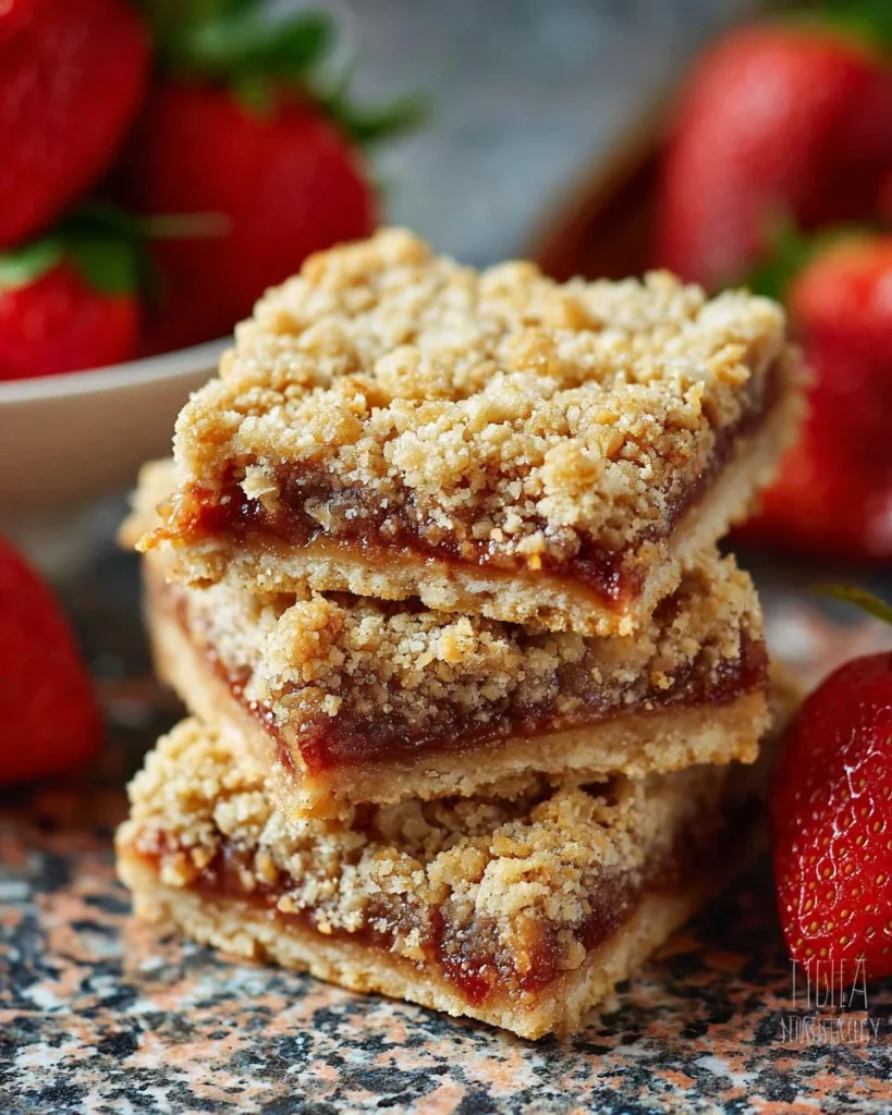 Strawberry oat crumb bars with a golden crust and fresh strawberries.