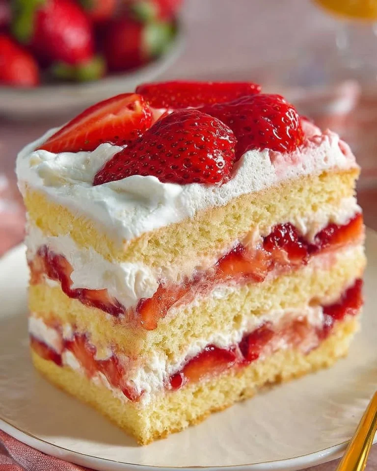 Delicious slice of strawberry shortcake topped with fresh strawberries and whipped cream.