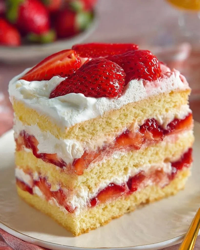 Delicious slice of strawberry shortcake topped with fresh strawberries and whipped cream.