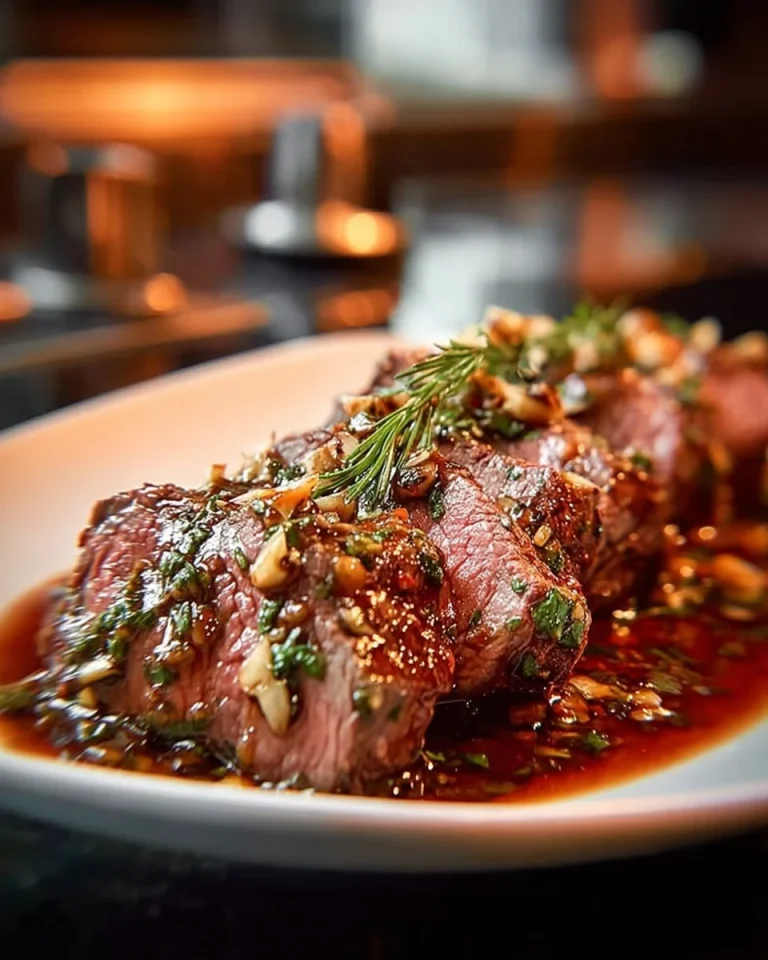 Herb butter beef tenderloin roast served on a platter with garnishes.