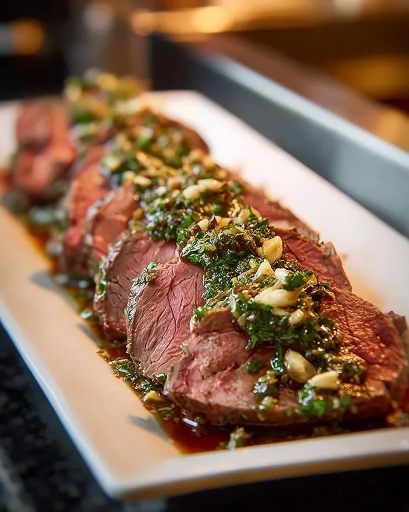 Succulent herb butter beef tenderloin roast garnished with fresh herbs