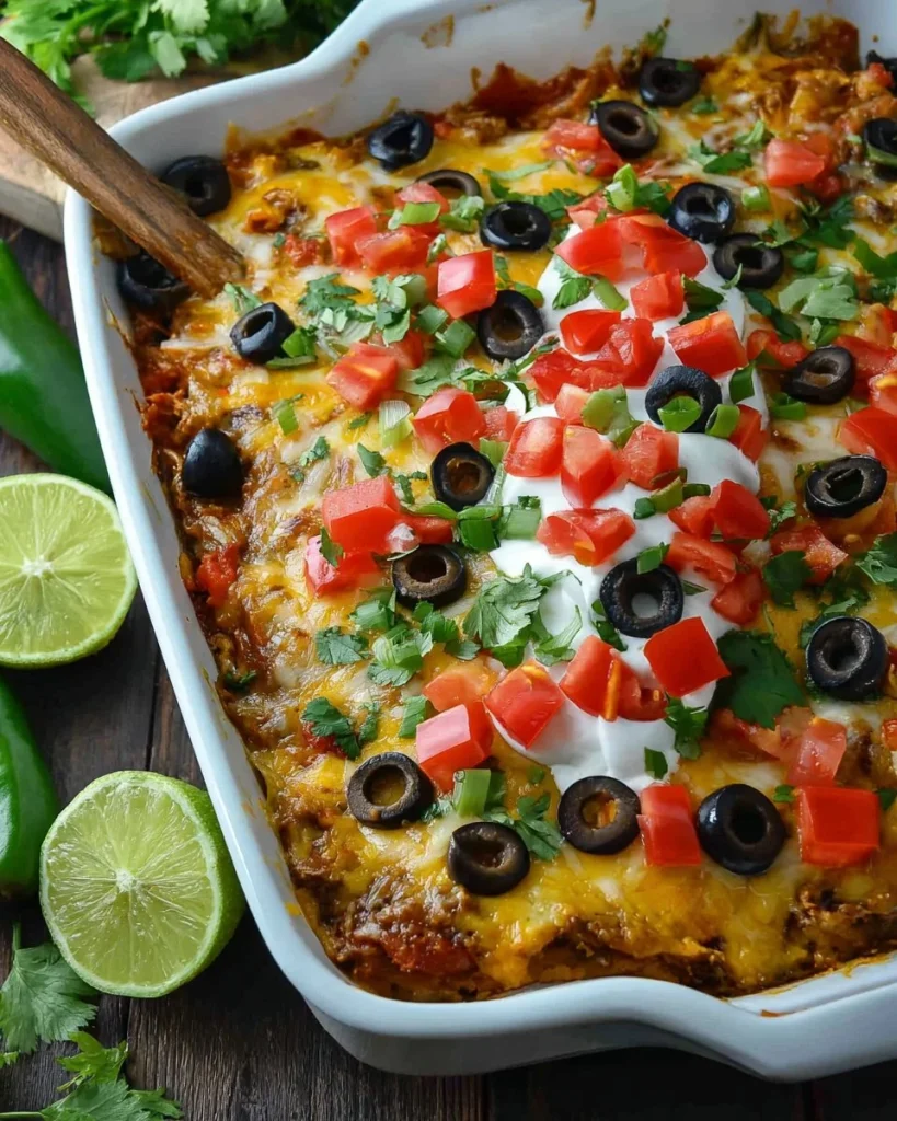 Delicious Taco Lasagna with layers of meat, cheese, and taco toppings.