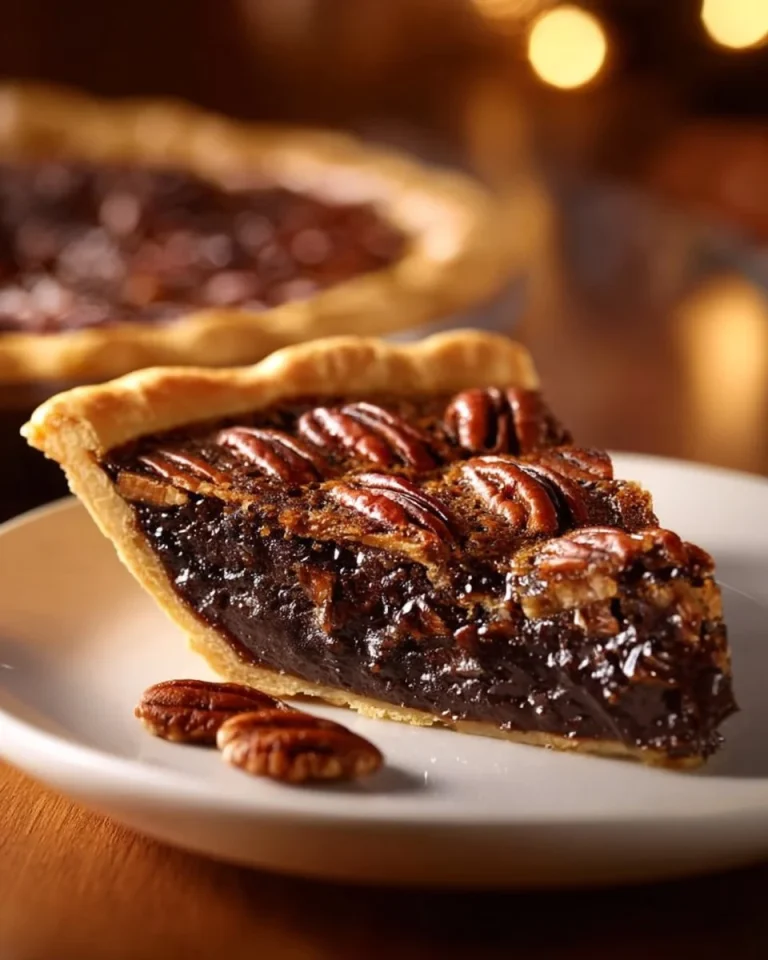 Slice of Texas chocolate pecan pie topped with whipped cream