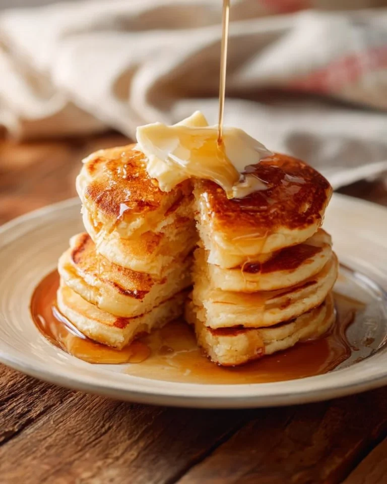 Stack of fluffy buttermilk pancakes served with syrup and berries