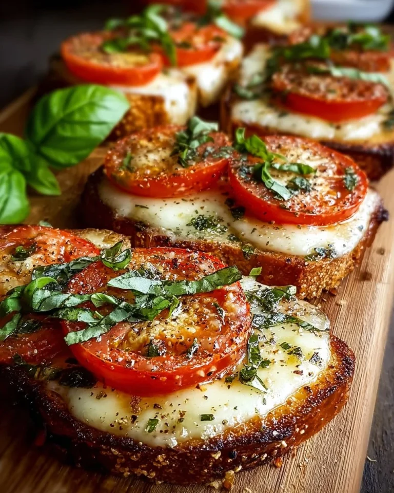 Delicious tomato basil garlic bread with melted cheese and fresh herbs