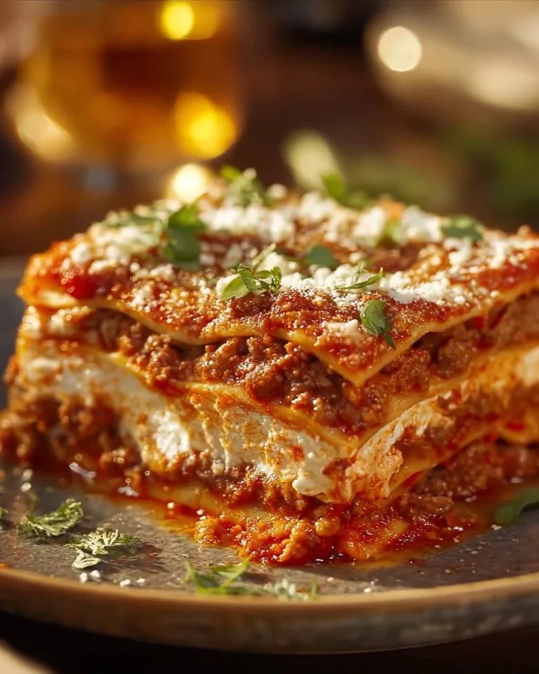 Ultimate classic lasagna with hearty meat sauce, garnished and ready to serve.