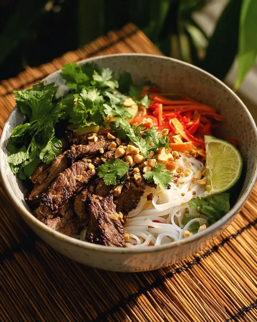 Vietnamese lemongrass beef served with noodles and fresh herbs