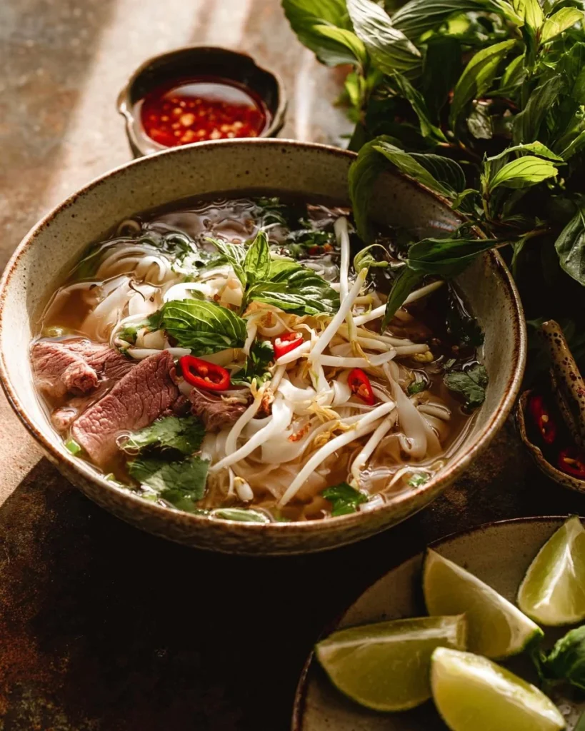 Bowl of homemade Vietnamese Pho with fresh herbs and spices