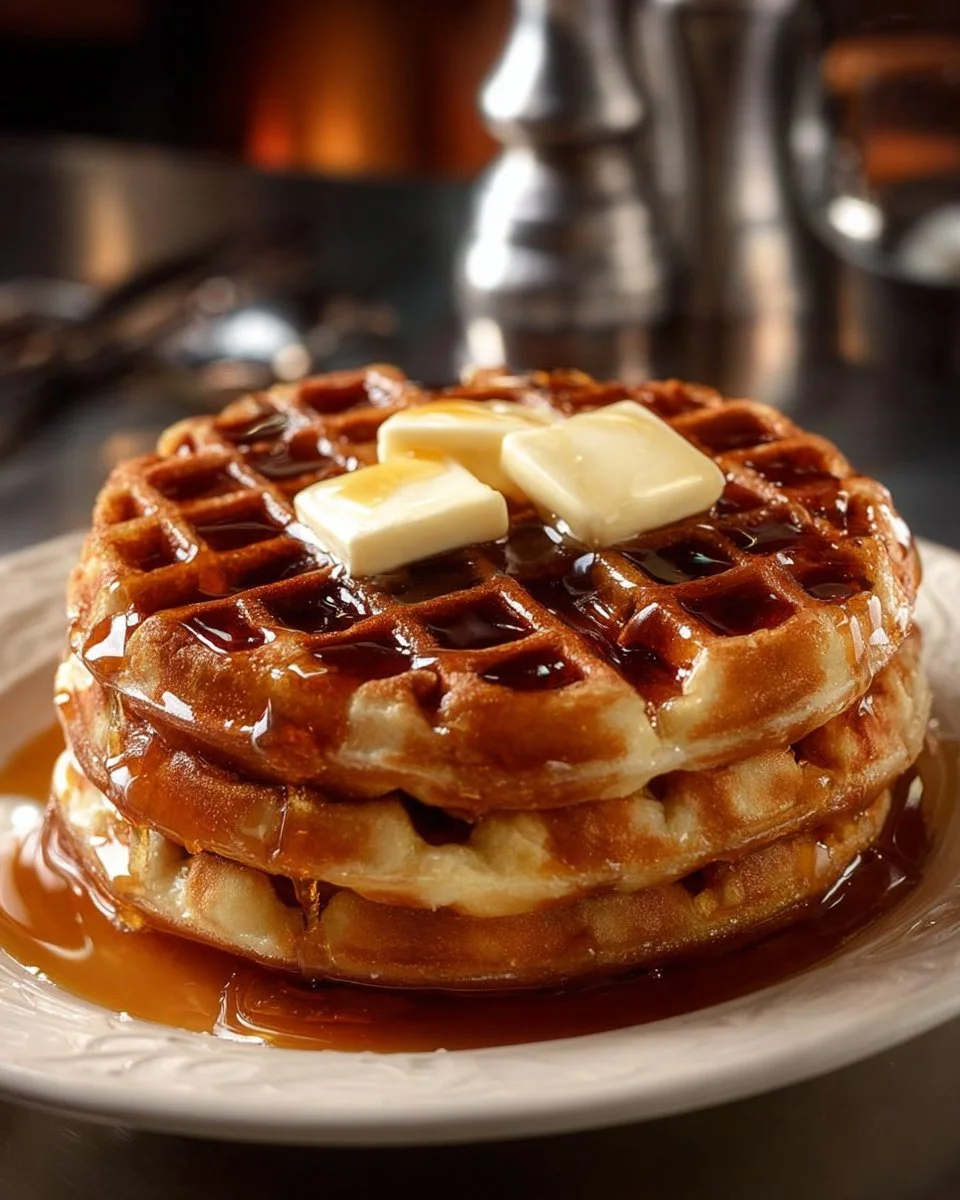 Golden waffles served with generous butter and syrup drizzled on top