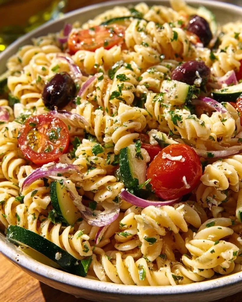 Zesty Summer Pasta Salad with fresh vegetables and herbs